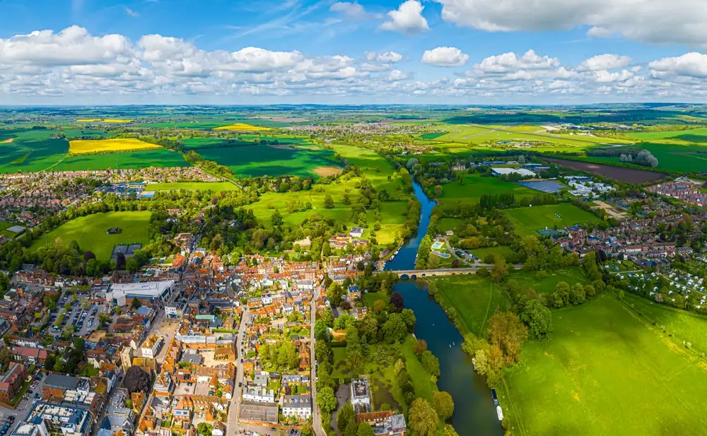 A view from high above the town of Wallingford (shot from a drone) and depicting that you can access Rehab in Wallingford.