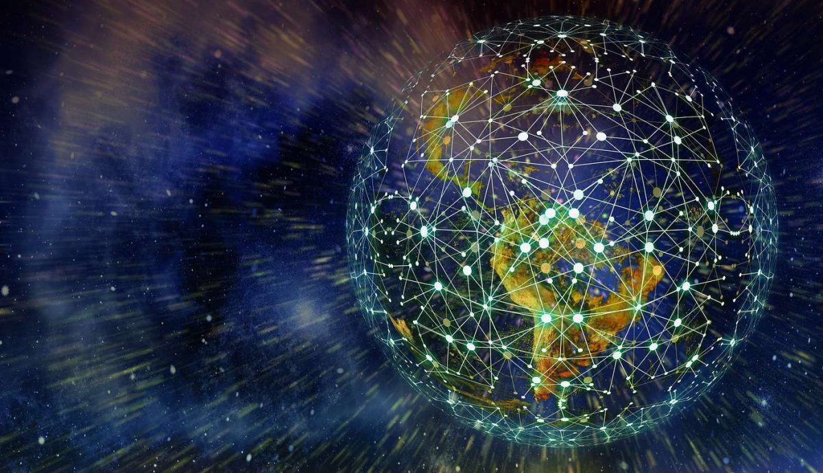 a photo of the planet earth and communication nodes